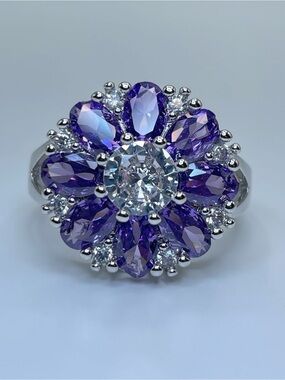 Swarovski Crystal Elements Purple White Crystal Floral Statement Ring Sz 9
